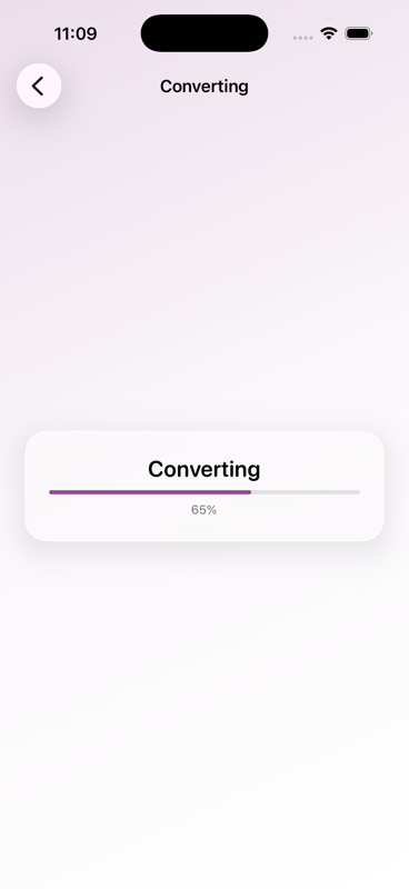 Formatista mid-conversion: a circular progress ring, percentage, and Cancel button on a Liquid Glass surface.