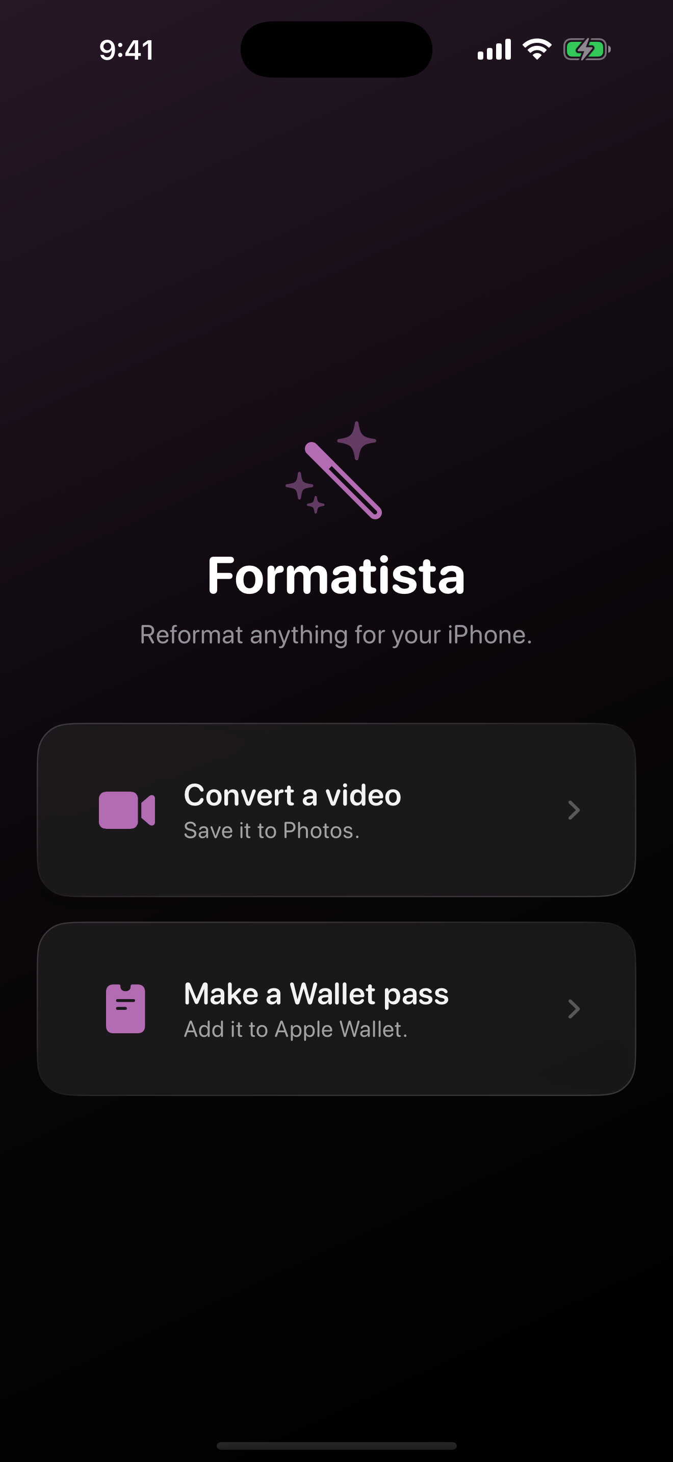 Formatista home screen in dark mode.