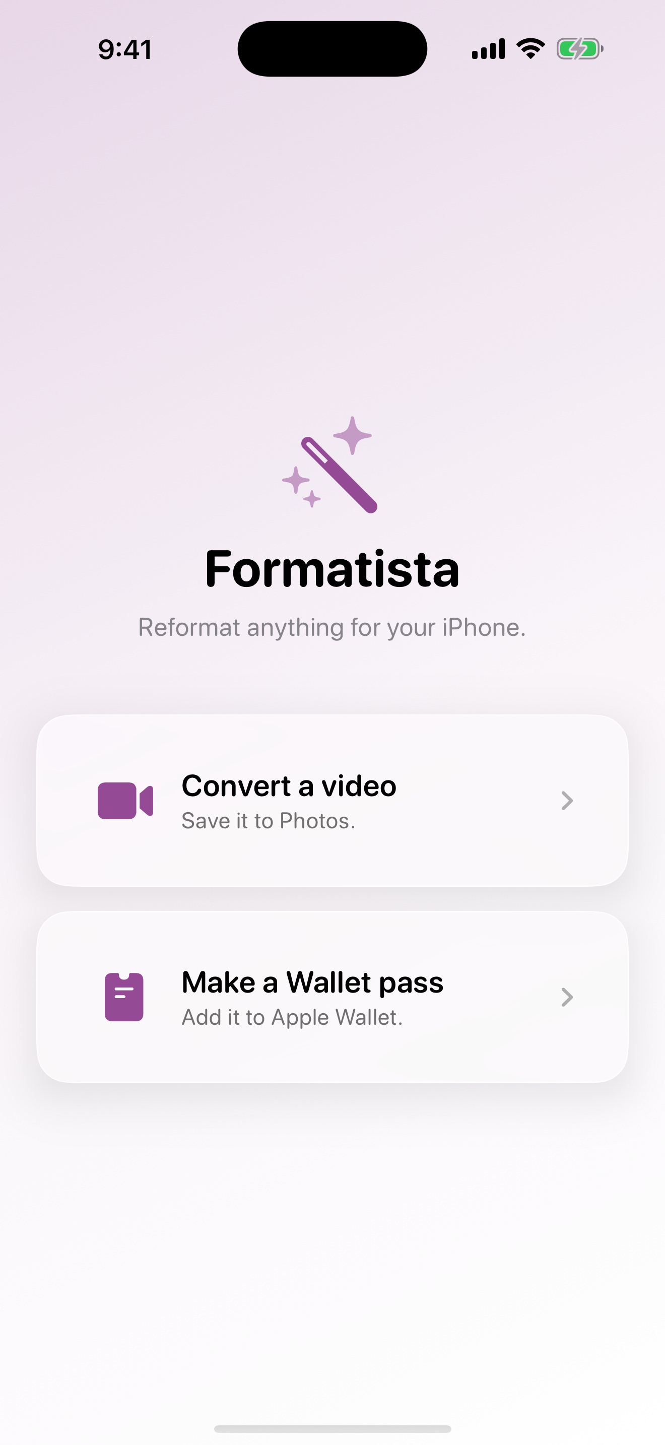 Formatista home screen showing the three source options: Pick a video, Paste a video URL, Import from Files.