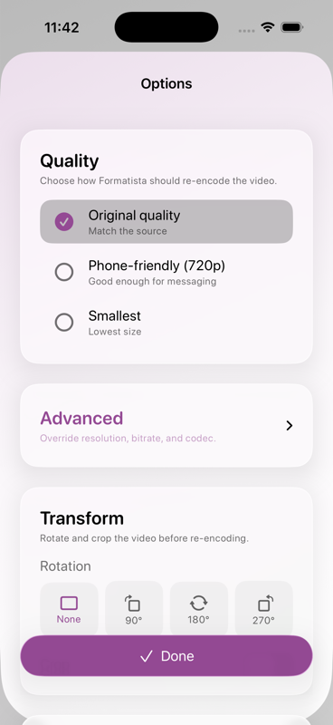Formatista options sheet showing Quality presets, an Advanced disclosure for resolution / bitrate / codec, a Transform card with rotation chips, and an Audio-only toggle — all in Liquid Glass cards.