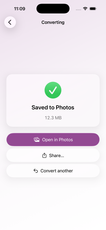 Formatista result screen: green check, file size, and three quick actions — Save to Photos, Share, Convert another.