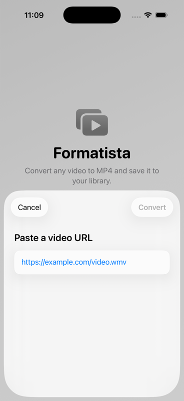 Formatista paste-a-URL sheet, with a Liquid Glass text field and a Convert button.