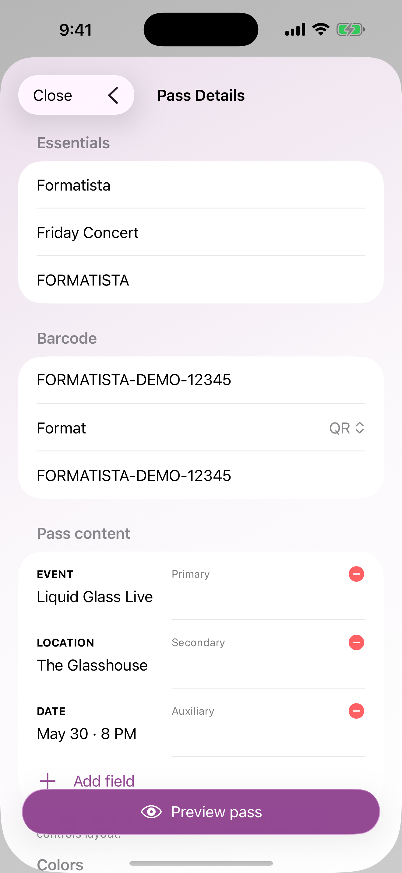 Formatista Wallet pass editor showing essentials, barcode, and pass content fields.