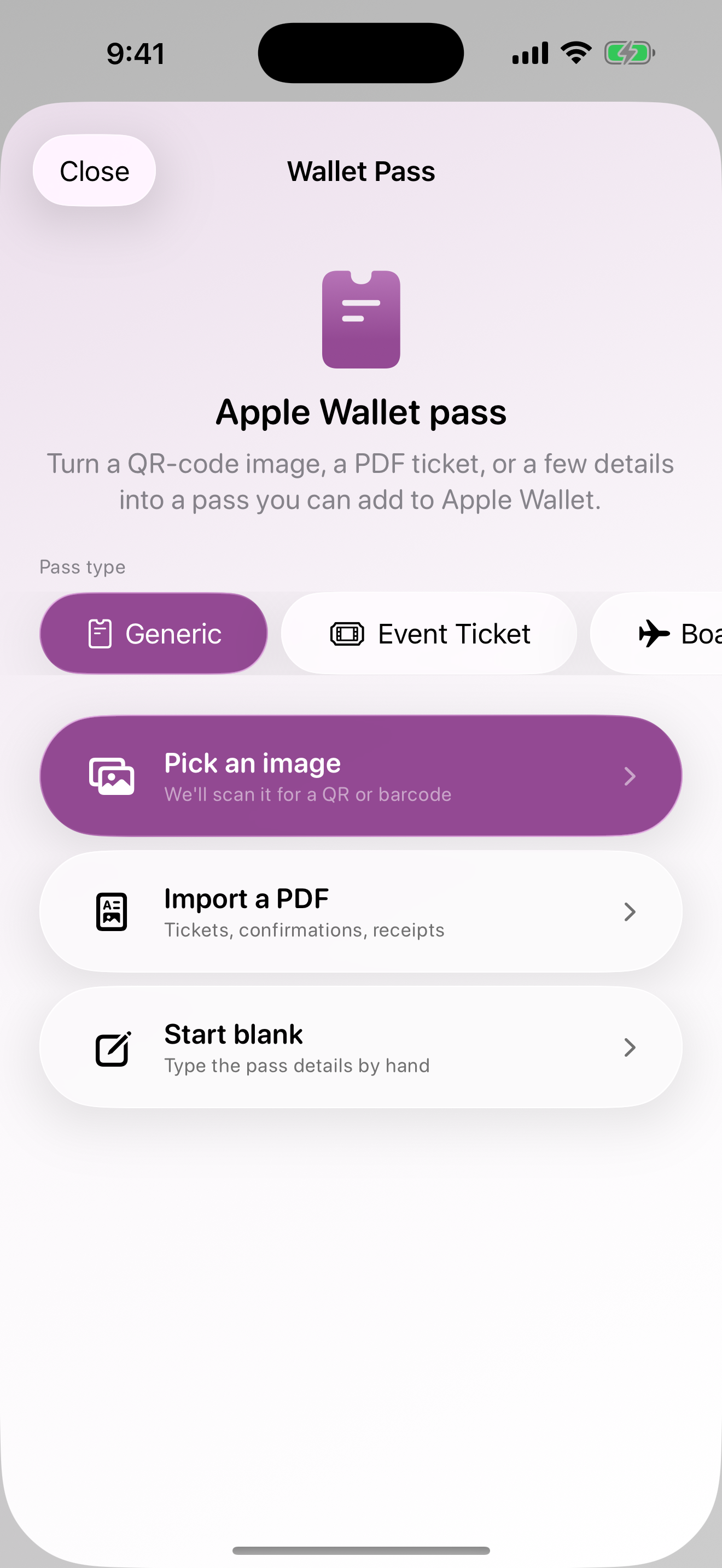 Formatista Wallet pass picker — pick an image, import a PDF, or start blank.