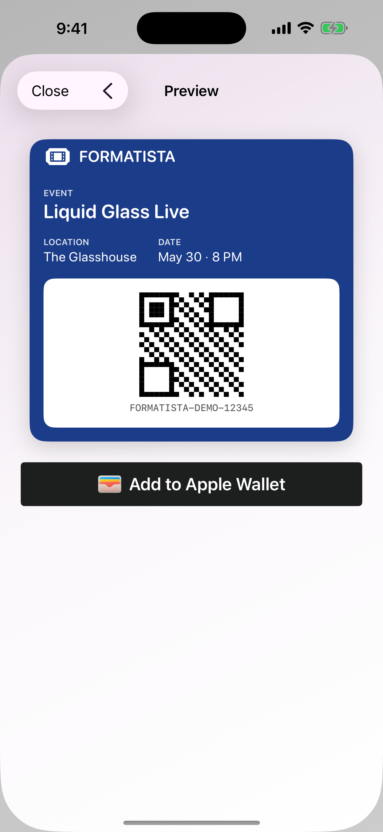Formatista wallet preview screen showing a finished event ticket with a QR code and an Add to Apple Wallet button.